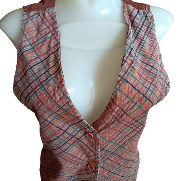 Medium Vintage Boho Corduroy Vest Plaid Satin Tie Back 1970's Pastel Stripes USA - Picture 2 of 7